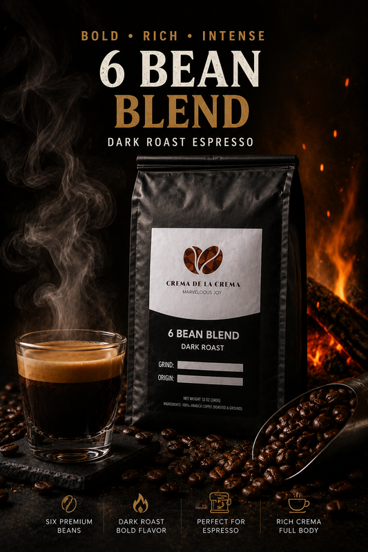 6 Bean Blend dark roast espresso coffee by Crema De La Crema with bold smoky styling, espresso shot, roasted coffee beans and dramatic fire-lit background