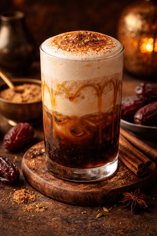 Arabian Nights iced espresso with date syrup, oat cream foam, cinnamon and caramel