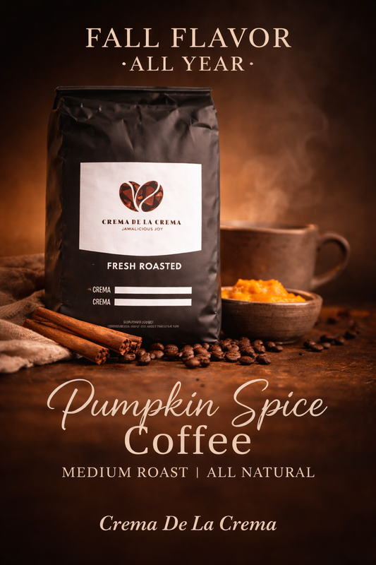 Pumpkin Spice Coffee medium roast in black Crema De La Crema bag styled with cinnamon sticks, pumpkin purée and coffee beans in warm autumn setting