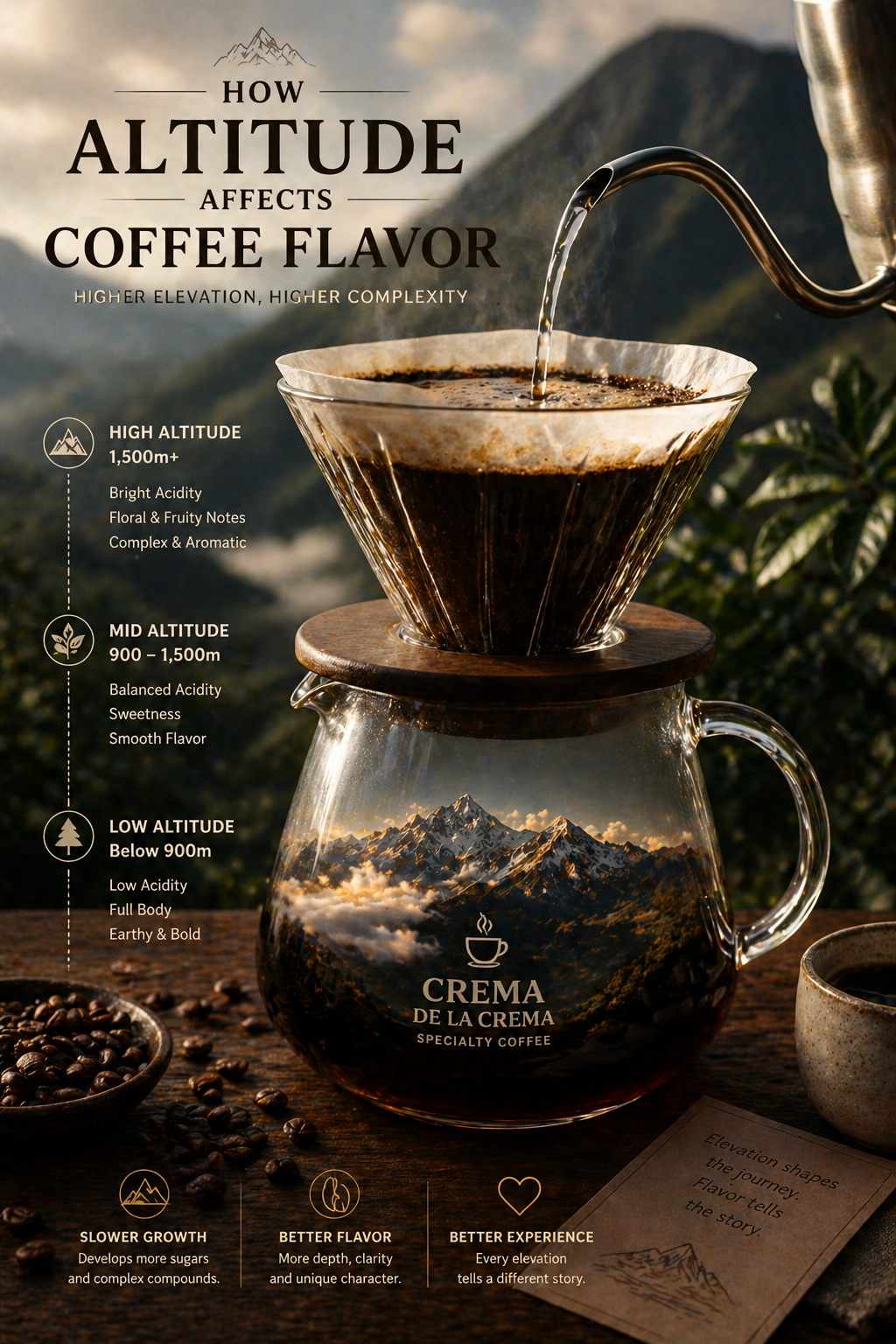 Pour-over coffee brewing with a mountain reflection inside the glass server, illustrating how altitude affects coffee flavor, acidity, and complexity