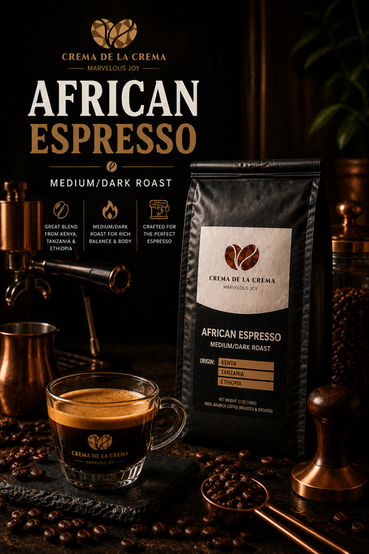 African Espresso coffee by Crema De La Crema featuring a medium-dark roast blend from Kenya, Tanzania, and Ethiopia, displayed with espresso tools, rich crema, and copper café styling.