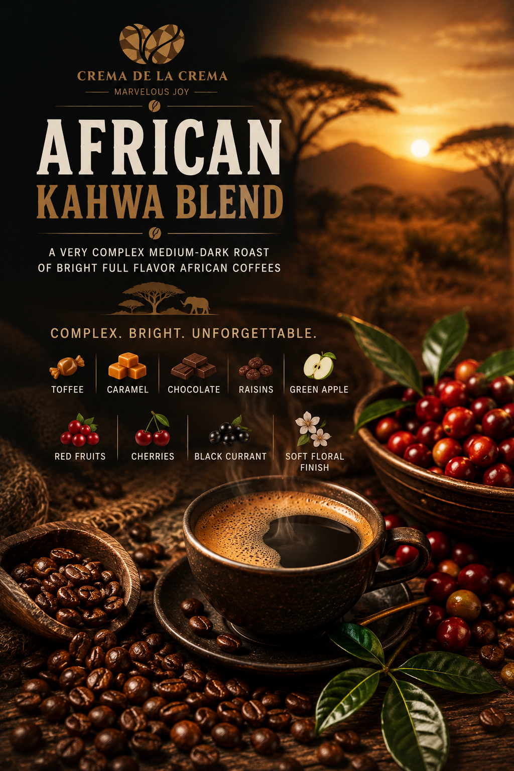 African Kahwa Blend specialty coffee hero image featuring an African sunrise landscape, coffee cherries, roasted coffee beans, and rich coffee tones representing notes of toffee, caramel, chocolate, fruit, and floral sweetness.