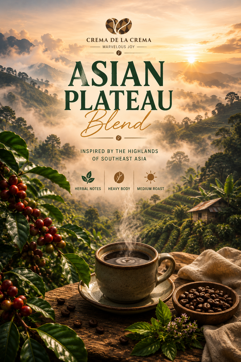 Asian Plateau Blend coffee hero image with misty Southeast Asian coffee terraces, steaming coffee, coffee cherries, and roasted beans.