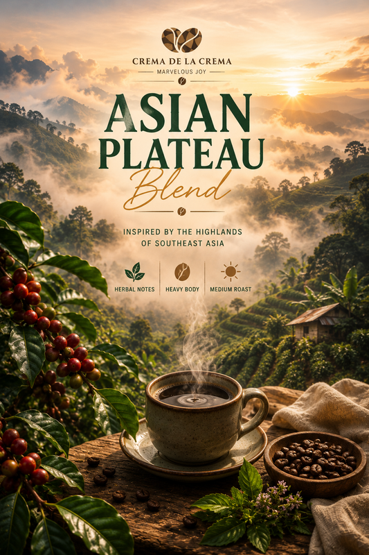 Asian Plateau Blend coffee hero image with misty Southeast Asian coffee terraces, steaming coffee, coffee cherries, and roasted beans.