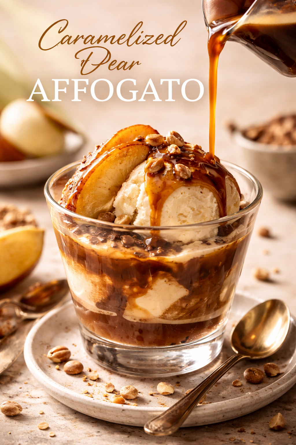 Caramelized Pear Affogato with vanilla ice cream topped with warm caramelized pear slices and hot espresso being poured in a glass dessert cup