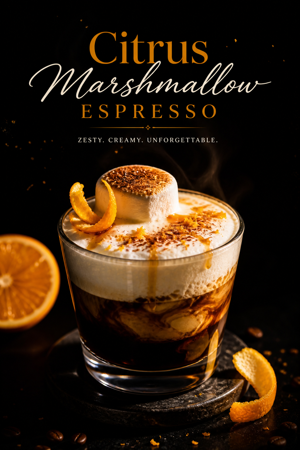 Citrus Marshmallow Espresso with layered espresso and milk foam topped with toasted marshmallow and orange zest in a dark luxury setting