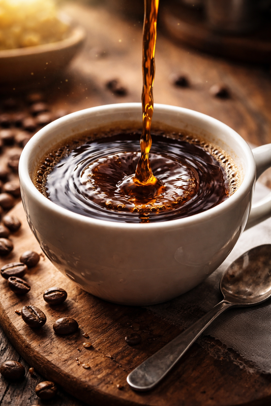 Hot coffee pouring into a cup creating ripples, illustrating brightness and acidity in specialty coffee