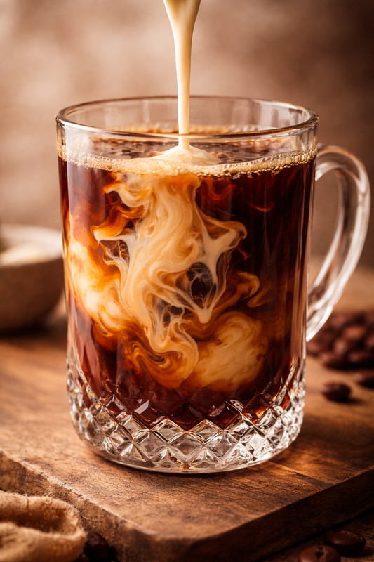 Cream swirling into dark coffee in a crystal glass cup, showing rich texture and full coffee body in a warm, elegant setting
