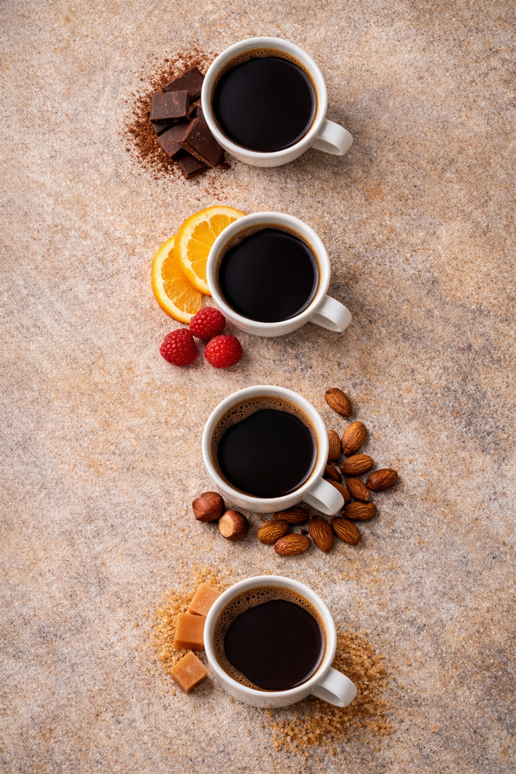 Coffee flavor notes guide showing chocolatey, fruity, nutty, and sweet coffee profiles