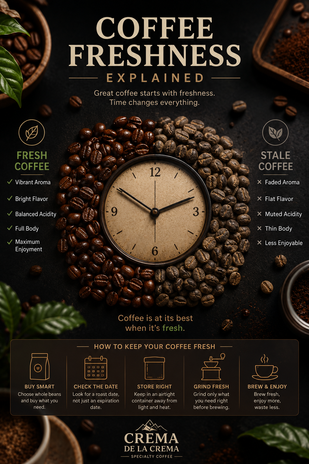 Clock surrounded by fresh and stale coffee beans illustrating how time affects coffee freshness, flavor, aroma, and overall coffee quality