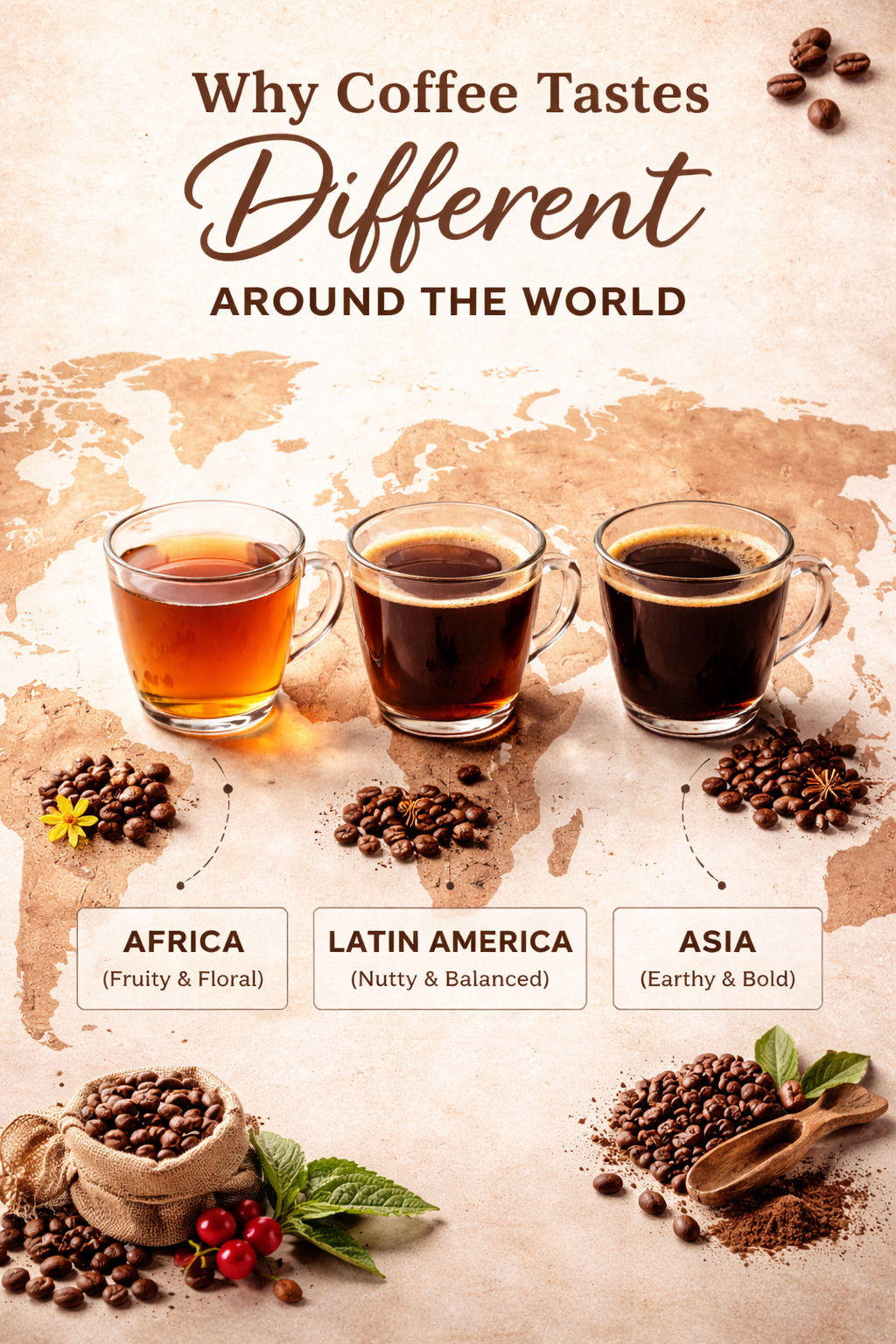 World map with three cups of coffee representing African, Latin American, and Asian coffee origins, showing differences in flavor, color, and body