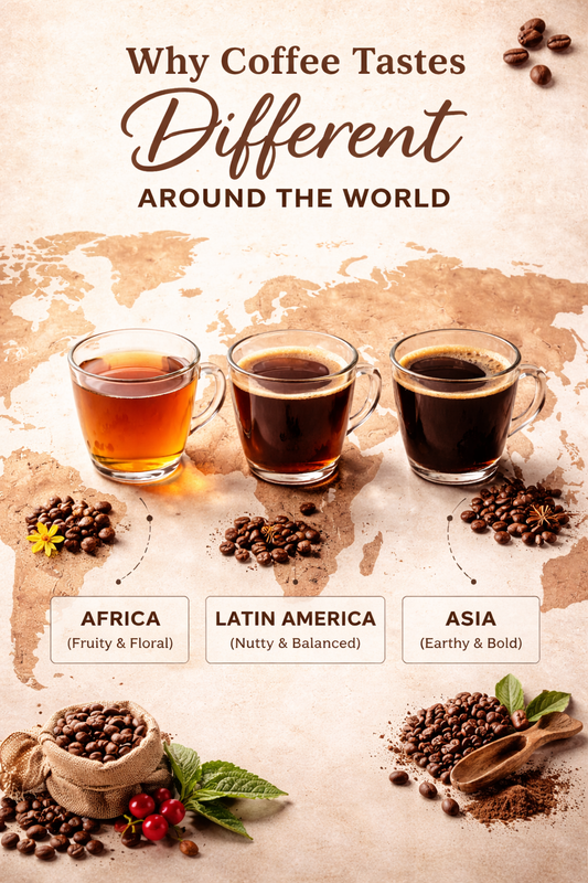 World map with three cups of coffee representing African, Latin American, and Asian coffee origins, showing differences in flavor, color, and body