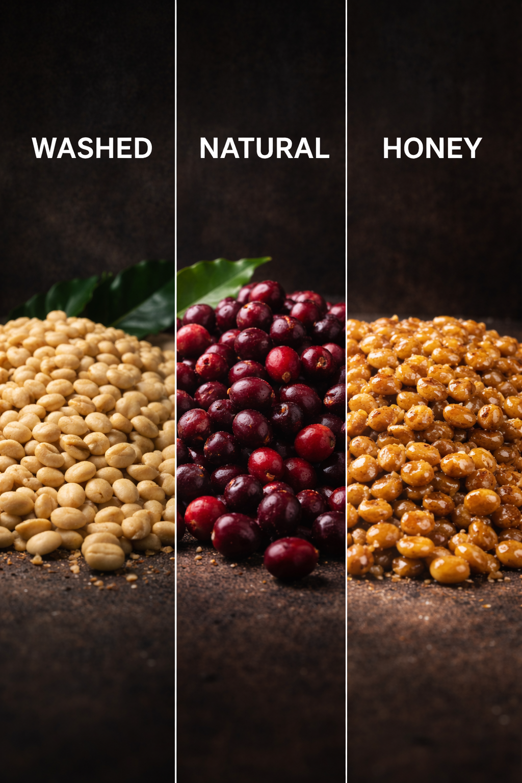 Side-by-side comparison of washed, natural, and honey coffee processing methods displayed against a dark background, showing parchment beans, red coffee cherries, and honey-processed beans.”