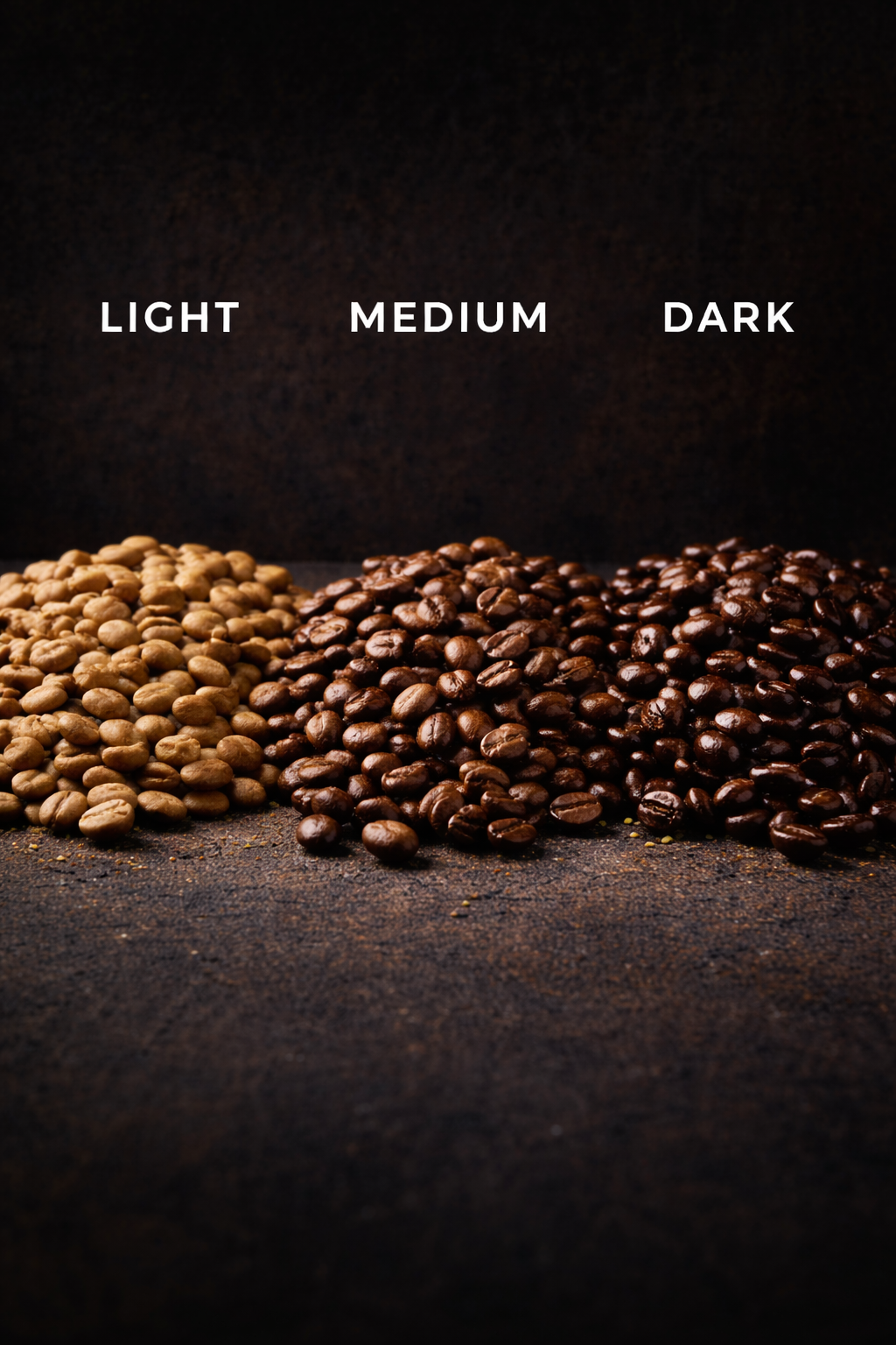 “Comparison of light, medium, and dark coffee roast levels displayed against a dark background, showing differences in bean color and surface texture.”