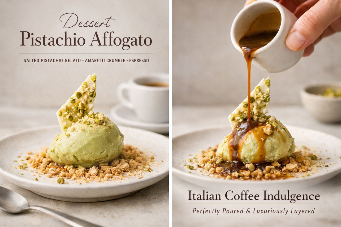 Dessert Pistachio Affogato made with salted pistachio gelato, amaretti crumble, and specialty espresso.