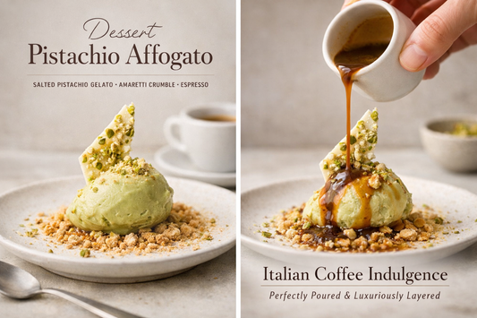 Dessert Pistachio Affogato made with salted pistachio gelato, amaretti crumble, and specialty espresso.