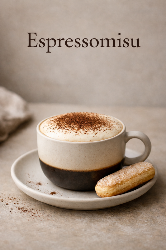 A hot layered espresso drink topped with light mascarpone cream and a dusting of cocoa powder, styled in a ceramic cup with a Savoiardi biscuit beside it.