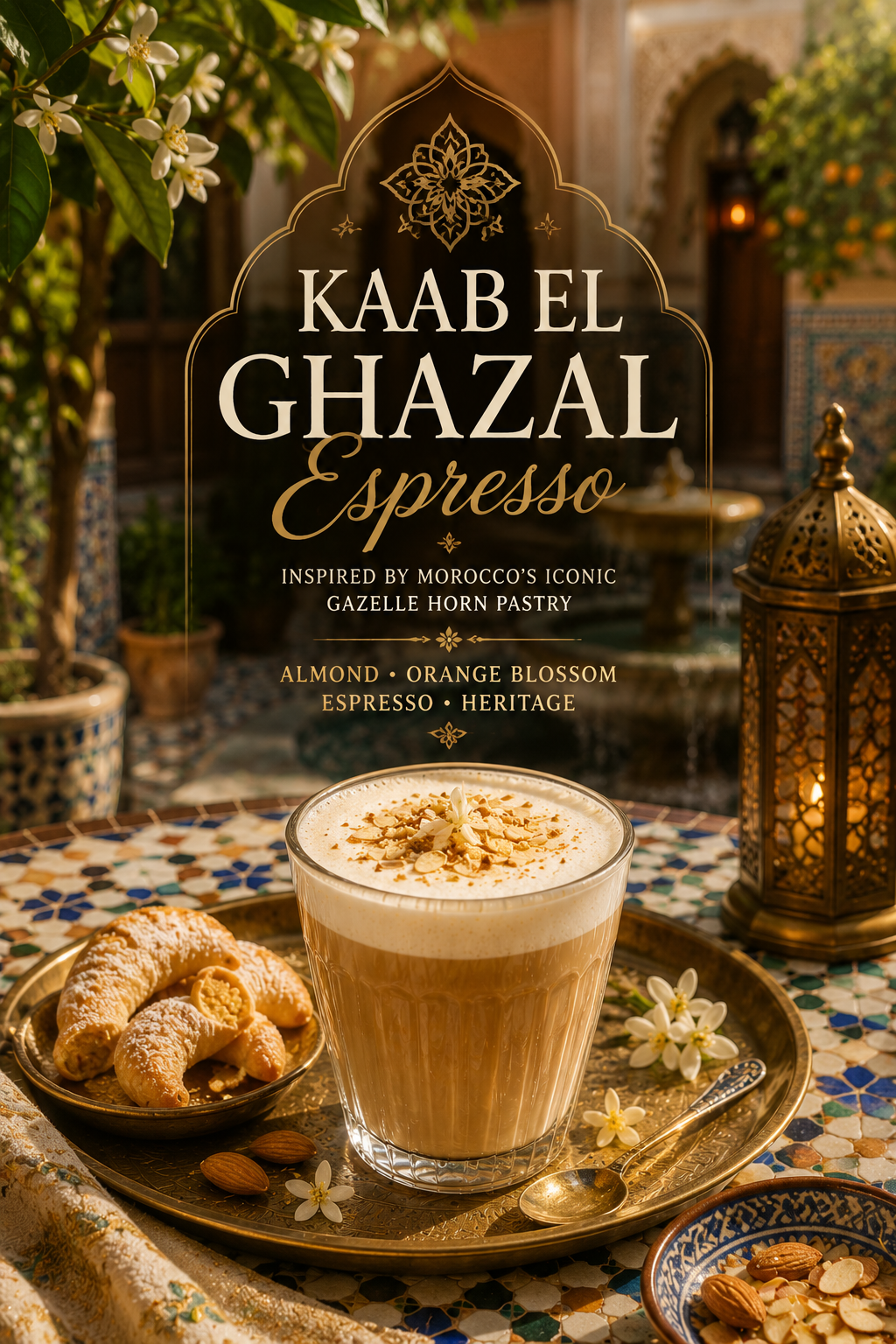 Moroccan-inspired Kaab el Ghazal Espresso with silky milk foam, toasted almonds and orange blossom served in a traditional riad courtyard with handcrafted mosaic tiles, brass lanterns and classic Moroccan pastries.