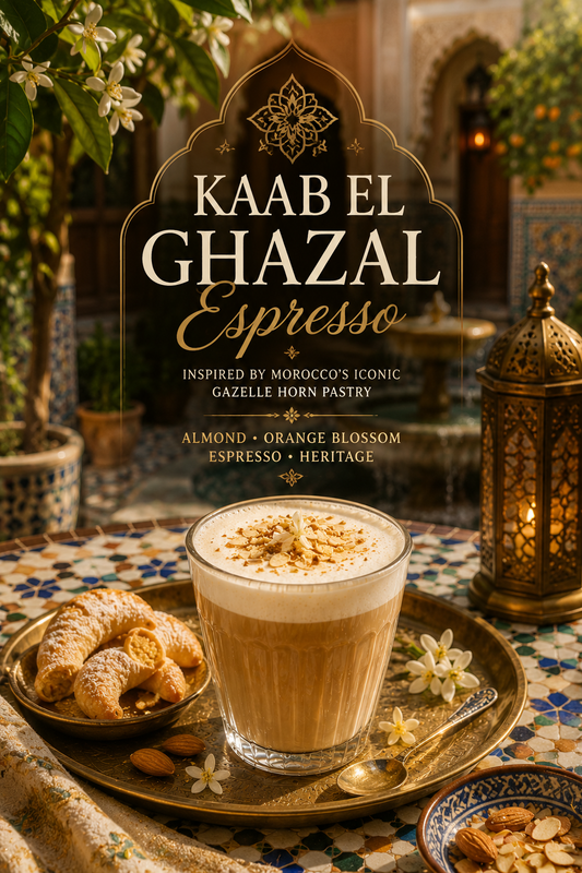 Moroccan-inspired Kaab el Ghazal Espresso with silky milk foam, toasted almonds and orange blossom served in a traditional riad courtyard with handcrafted mosaic tiles, brass lanterns and classic Moroccan pastries.
