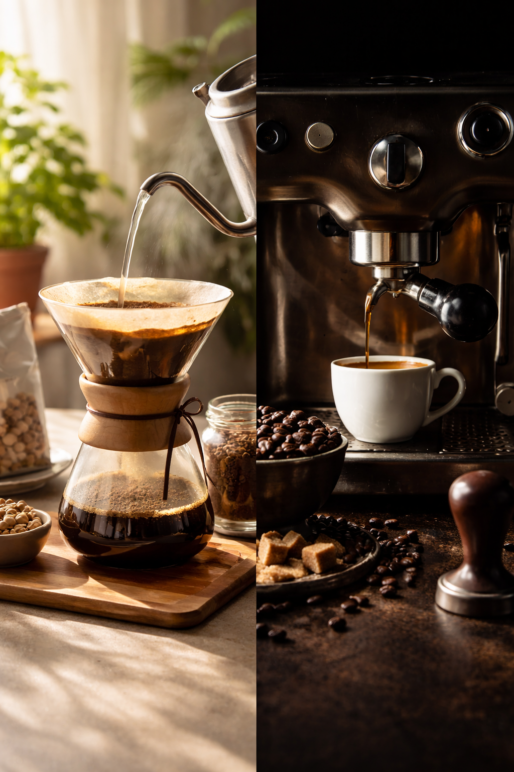 Split-scene photograph showing light roast coffee brewing in morning sunlight on the left and dark roast espresso in a moody evening setting on the right, illustrating roast level differences.