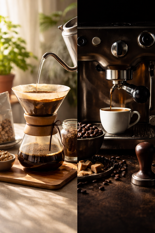 Split-scene photograph showing light roast coffee brewing in morning sunlight on the left and dark roast espresso in a moody evening setting on the right, illustrating roast level differences.