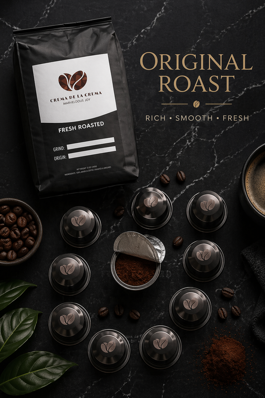Original Roast single serve coffee capsules by Crema De La Crema arranged in a luxury flat lay with opened capsule showing fresh grounds on a dark marble background