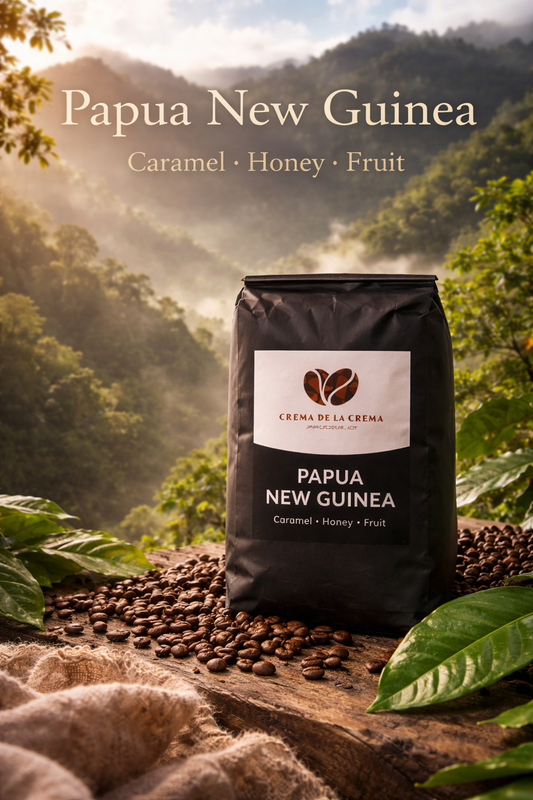 Papua New Guinea coffee by Crema De La Crema with caramel, honey and fruit notes, shown in a mountain landscape setting with coffee beans and lush greenery