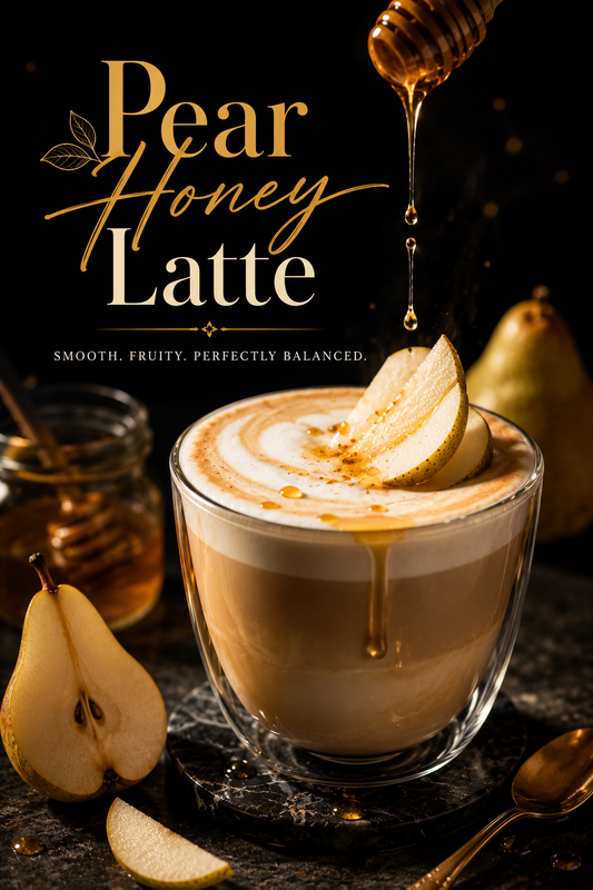 Pear Honey Latte with silky steamed milk, espresso and honey drizzle topped with fresh pear slices in a dark luxury coffee setting