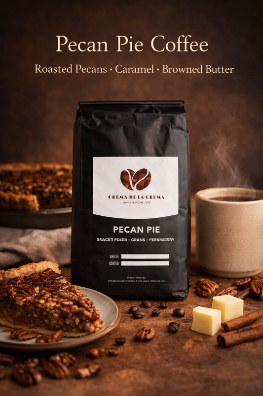 Pecan Pie flavored coffee by Crema De La Crema with roasted pecan, caramel and browned butter notes, styled with pecan pie slice and hot coffee in a warm cozy setting