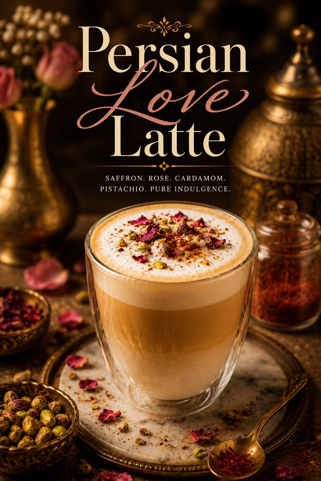 Persian Love Latte made with espresso, saffron, rosewater and steamed milk, topped with pistachios and dried rose petals in an elegant Persian-inspired setting