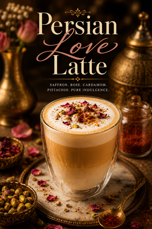 Persian Love Latte made with espresso, saffron, rosewater and steamed milk, topped with pistachios and dried rose petals in an elegant Persian-inspired setting