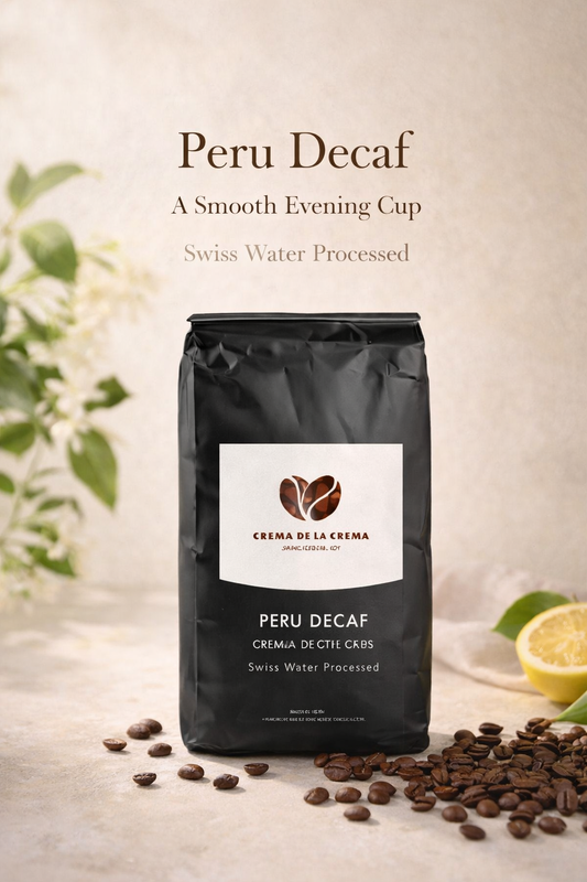 Peru Decaf coffee by Crema De La Crema, Swiss Water processed medium roast with caramel and citrus notes, vertical hero image with botanical background