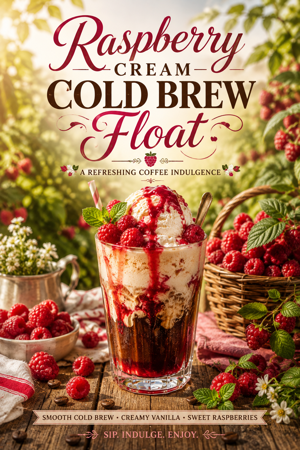 Raspberry Cream Cold Brew Float with smooth cold brew, vanilla ice cream, raspberry sauce, fresh raspberries and mint served on a rustic picnic table in a sunlit berry garden.