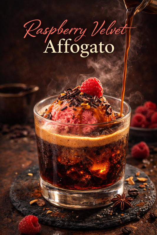 Raspberry Velvet Affogato dessert with raspberry ice cream topped by hot espresso pour and chocolate shavings in a clear glass