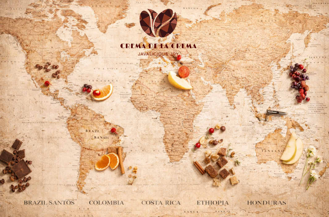 World map featuring Brazil, Colombia, Costa Rica, Ethiopia, Honduras, and Tanzania with tasting note ingredients representing our single origin coffee sampler.