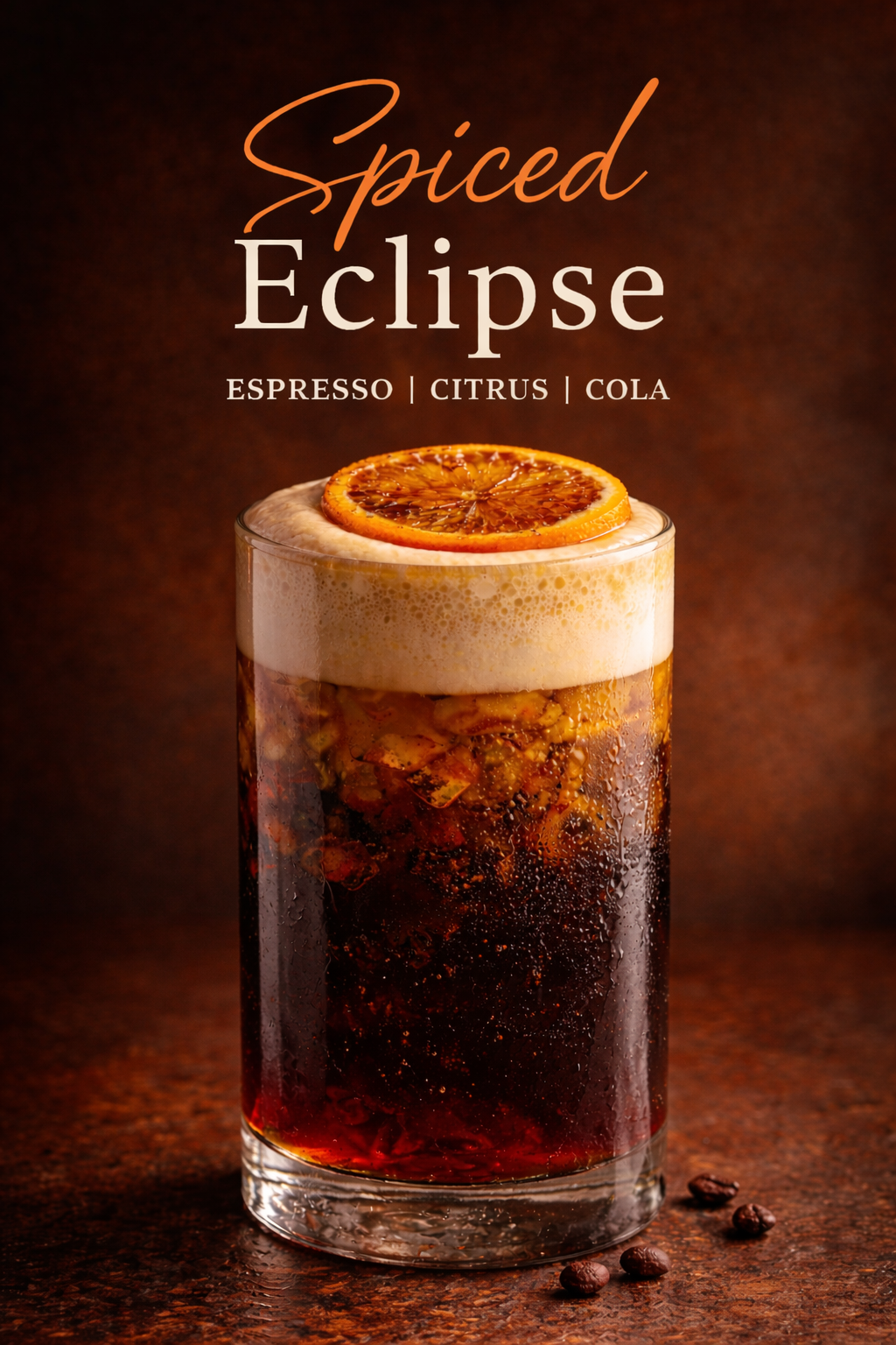 Spiced Eclipse layered espresso drink with cola base, thick frothed coffee and light cream middle layer, topped with caramelized orange slice in a tall glass