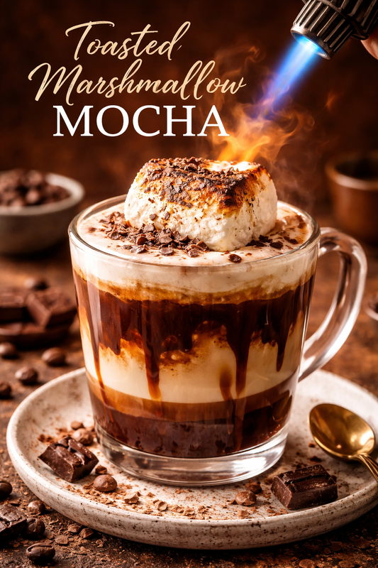 Toasted Marshmallow Mocha with espresso, steamed milk and chocolate topped with a caramelized marshmallow in a glass mug
