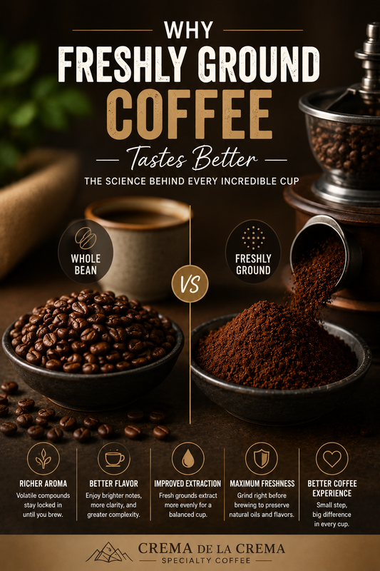 Freshly ground coffee compared with whole coffee beans beside a manual grinder, illustrating how fresh grinding improves aroma, flavor, extraction, and overall coffee quality.